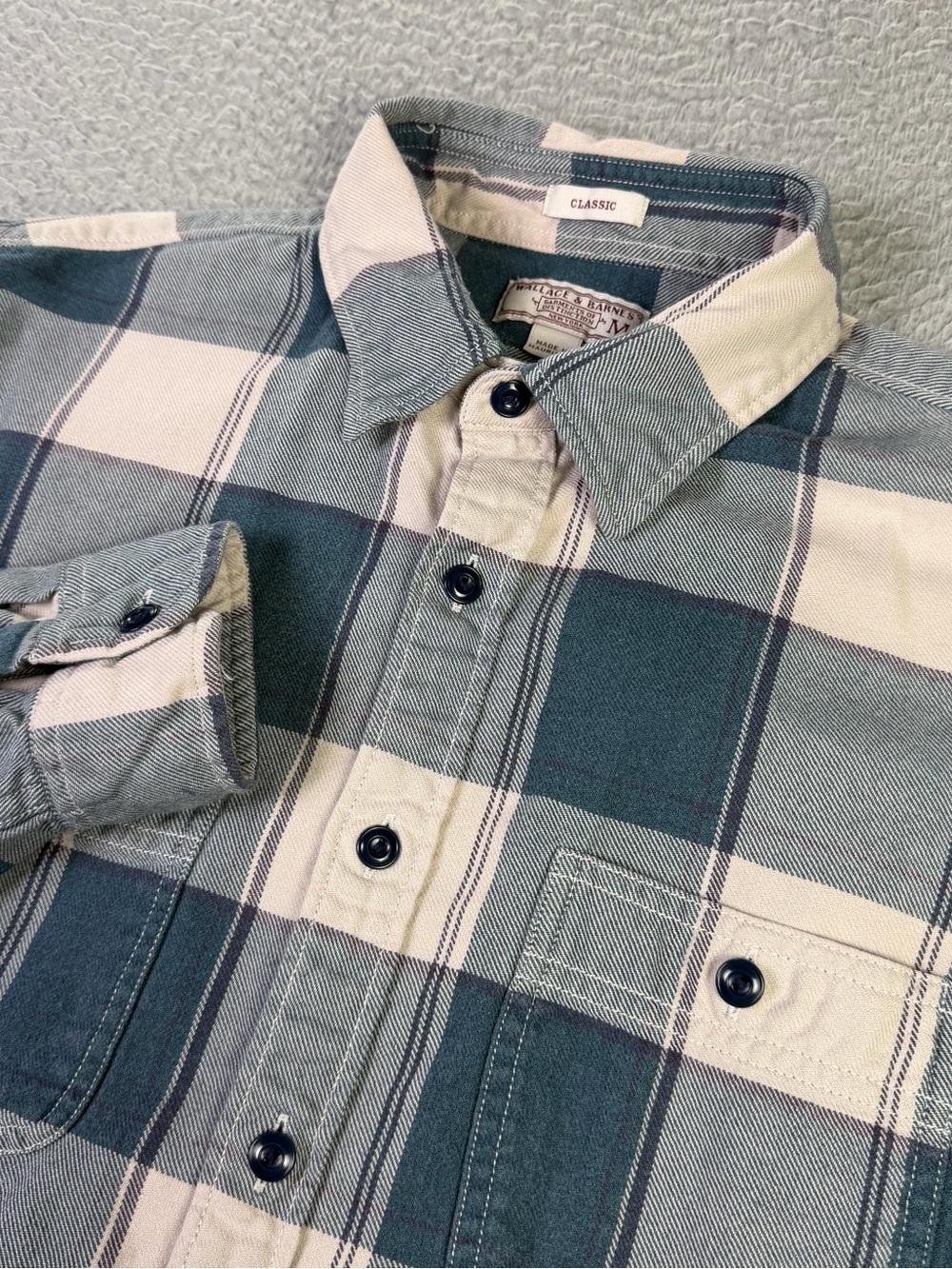 Wallace Barnes Shirt Mens Medium Blue Beige Plaid Classic Fit Button Cotton